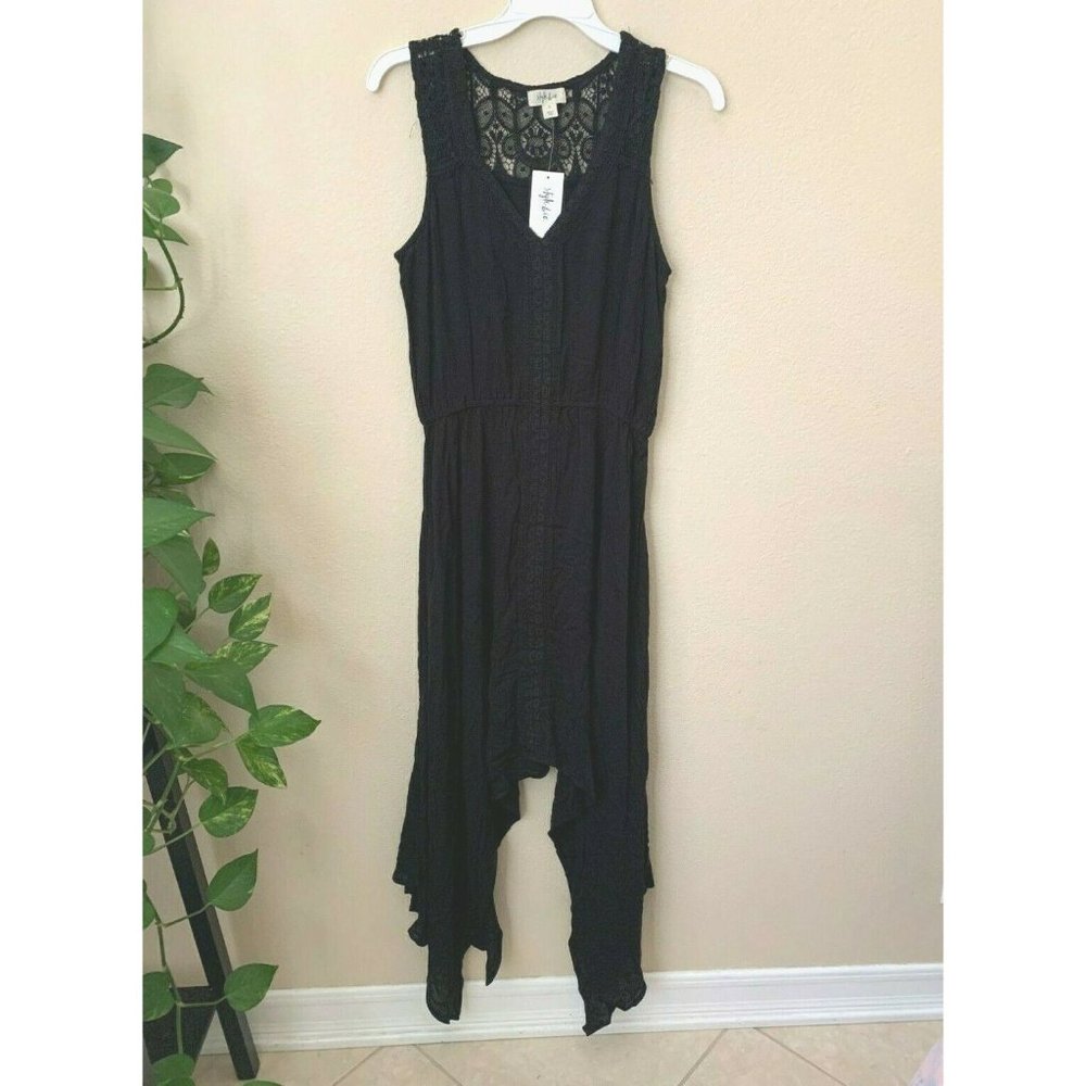 🌸 Style&Co. Womens S Dress Maxi Black  Handkerchief-Hem Lace-Yoke V-Neck